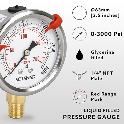 0 to 3000 Psi Pressure Gauge, Glycerin Liquid Filled, 2.5 inch Dial, 1/4" NPT Lower Mount, Stainless Steel Case, for Regulator, Brew Setup, Beer, Kombucha, HVAC, Hydraulic, High Pressure Test