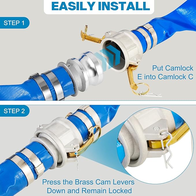 1.5" x 50 Ft Discharge Hose, Heavy Duty PVC Lay Flat Water Backwash Hose,Durable Pool Drain Hose with Aluminum CE Fittings for Water Pump And Filters