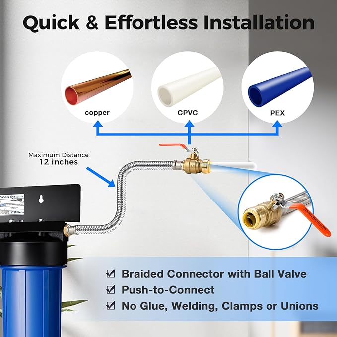 iSpring WGB21B-PB+AHPF12MNPT16X2 2-Stage Whole House Water Filtration System w/ 10” x 4.5” Carbon Block and Lead Reducing Filters and 3/4" Push-fit Braided Stainless Steel Hose Connectors