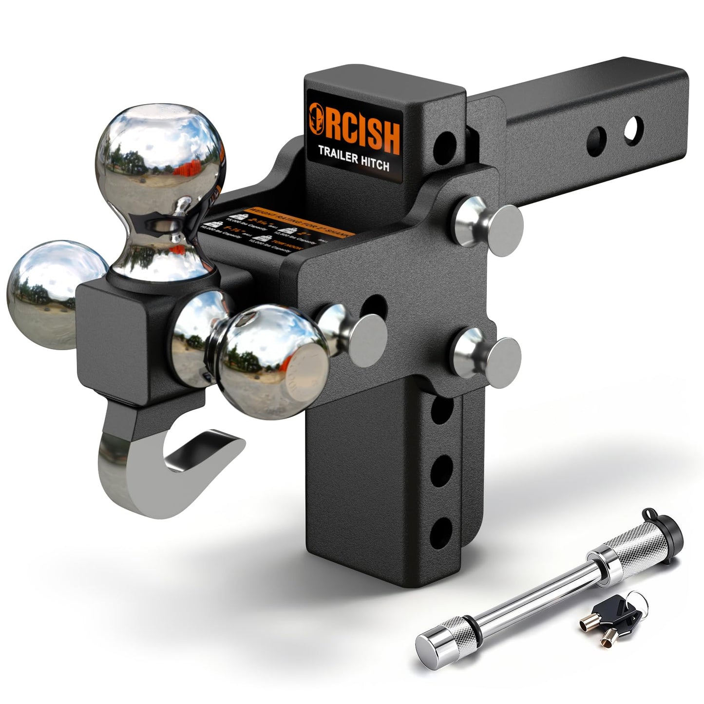 ORCISH Adjustable Rotating Trailer Hitch, 4-in-1 Tri-Ball & Tow Hook, 360 Swivel Ball Mount, 2.5 Receiver with 5 Drop/Rise, Ball