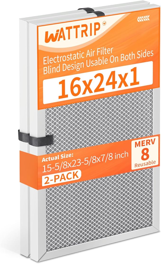 2-Pack 16x24x1 MERV 8 Reusable & Washable Electrostatic Air Filters - Long-Lasting Filter for HVAC, Furnace & Air Conditioner Units, Actual Size: 15-5/8” x 23-5/8” x 7/8”