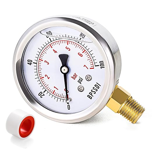 0-100 Psi Glycerin Liquid Filled Low Pressure Gauge, 2.5" Dial Size, 1/4" NPT Lower Mount, 304 Stainless Steel Case, for Water Pump, Pneumatic Air, RV Hose, Gas Pressure Test