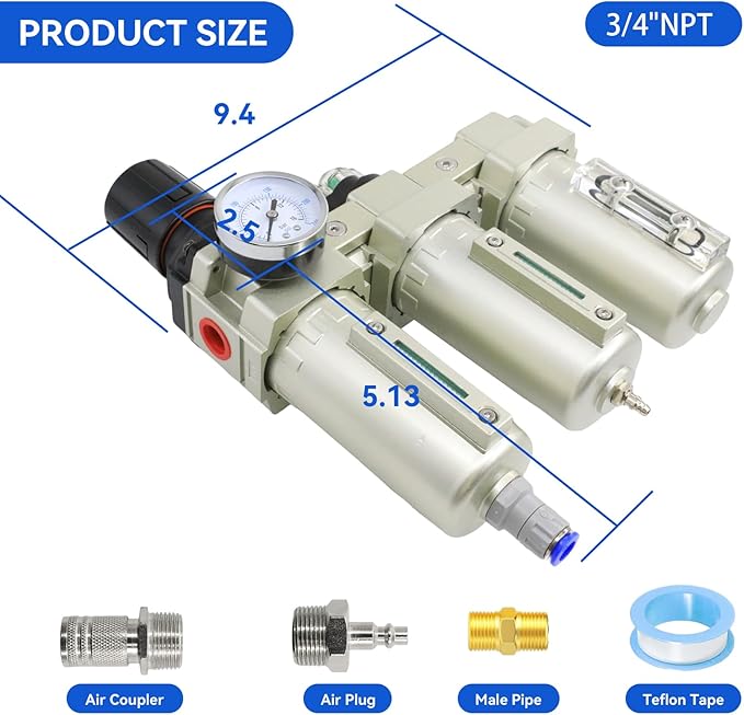 3/4" NPT Industrial Grade 3 Stage Air Drying System, Air Compressor Water Separator System Filter Oil Water Separator Dryer for Plasma Cutter and Paint Spray,Auto Drain