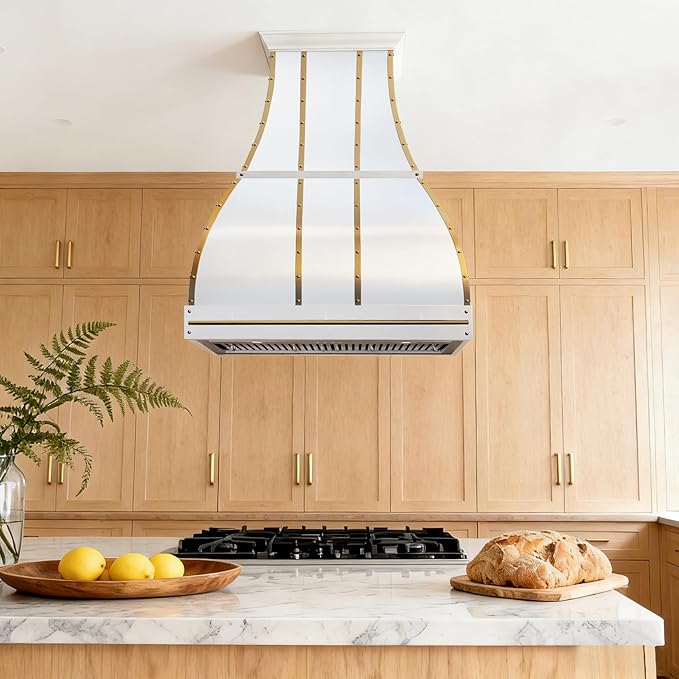 CHETTO C Stainless Steel Range Hood Cover with 4-Speed Vent Hood Insert Custom Handcrafted Metal Kitchen Fan with Towel Rack LED Light 30"W x27"D x57"H White Island Mount