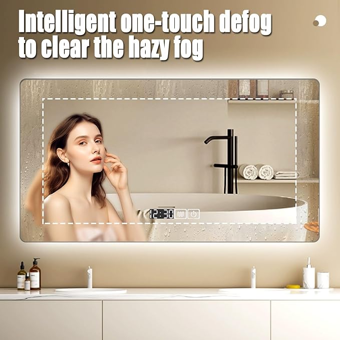 Backlit LED Illuminated Bathroom Mirror with LED Lights, Lighted Bathroom Makeup Wall Mounted Mirror with Demister Pad, Sensor Touch Switch, Horizontal/Vertical(A,H70*W90CM/H27.5*W35.4IN)