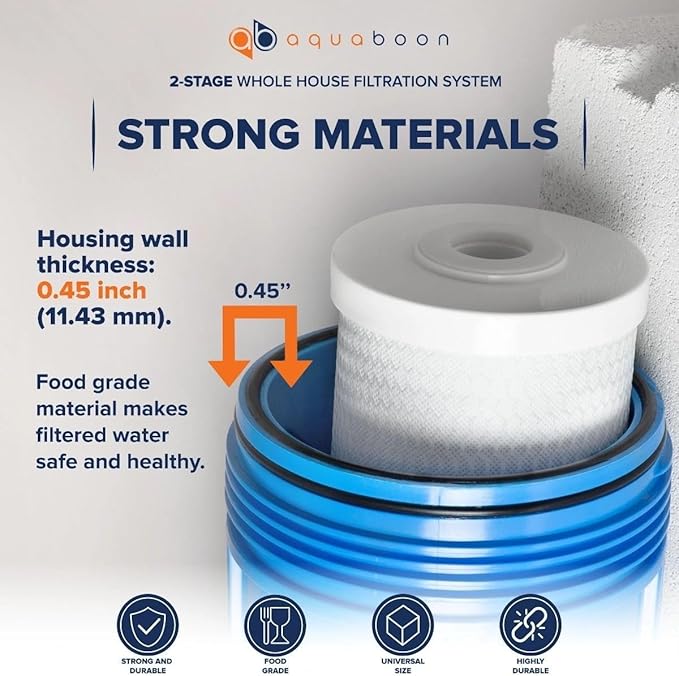 Aquaboon 2-Stage Whole House Water Filter System with Prefilter, 20x4.5 Iron & Manganese, Sediment Filters, Pressure Gauge & Release, Wrench, Freestanding Steel Frame