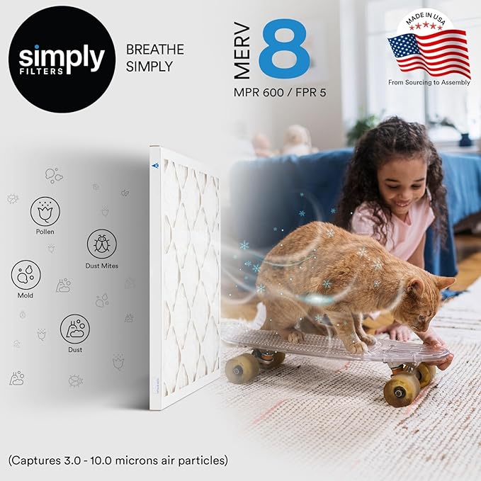 Simply 20x21.5x1 Air Filter, Merv 8, 6 Pack, For Home AC Furnace & HVAC (Actual Size: 20x21.5x0.75") DUST, Pet, & Allergy Control