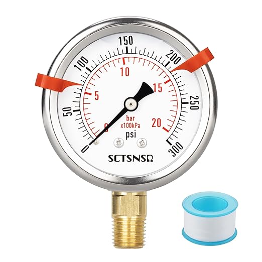 0 to 300 Psi Pressure Gauge, Glycerin Liquid Filled, 2.5 inch Dial, 1/4" NPT Lower Mount, Stainless Steel Case, for Regulator, Air Compressor, Water System, HVAC, Hydraulic, Pressure Test