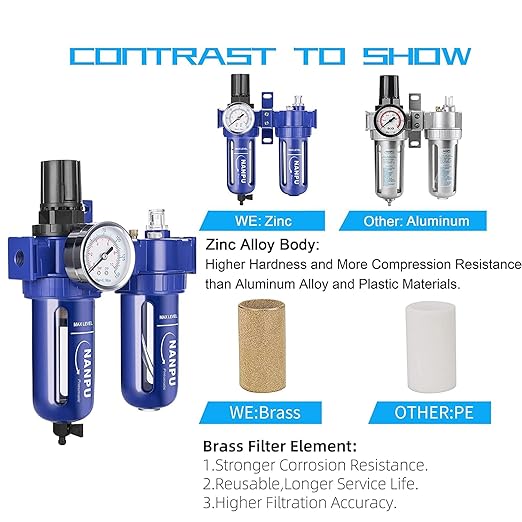 NANPU 1/2" NPT Compressed Air Filter Regulator Lubricator (FRL), Zinc Alloy, 5 Micron Brass Element, 0-150 psi Gauge, Quick Release Bowl, Manual Drain, Metal Bracket