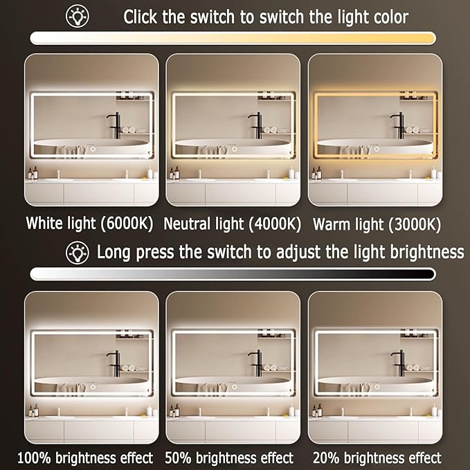 Backlit LED Illuminated Bathroom Mirror with LED Lights, Lighted Bathroom Makeup Wall Mounted Mirror with Demister Pad, Sensor Touch Switch, Horizontal/Vertical(B,H75*W100CM/H29.5*W39.3IN)