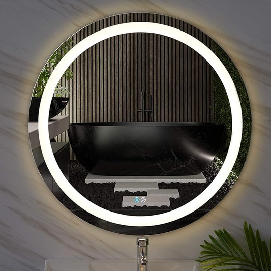 Illuminated Bathroom Mirror 800 x 800 MM Round LED Wall Mounted Vanity Mirror with Touch Sensor and Demister Pad Anti -Fog Makeup Mirror for Home Hotel IP44 Rated
