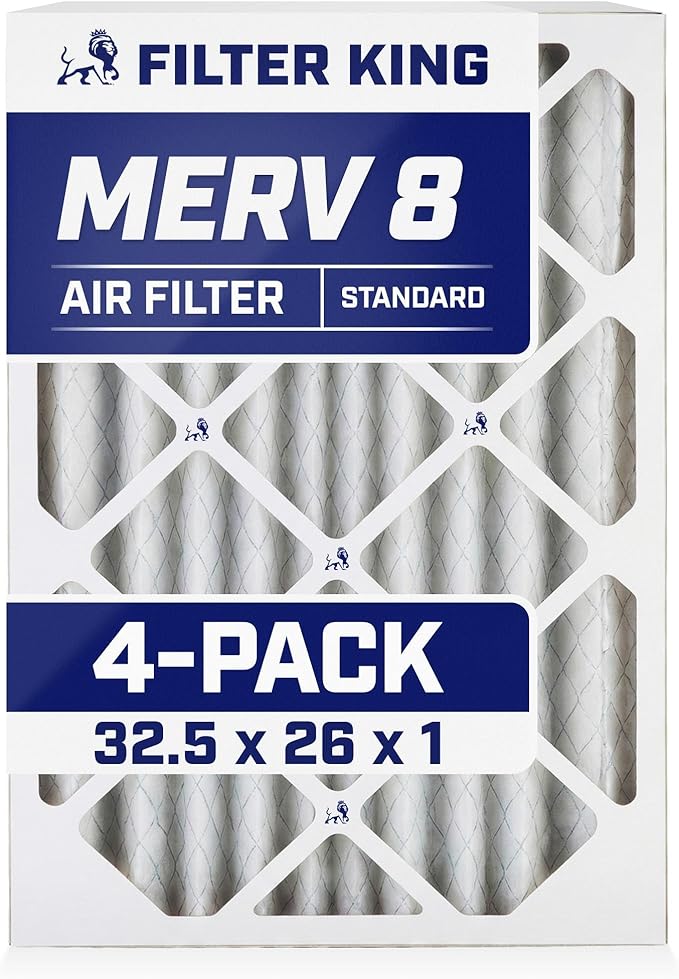 Filter King 32.5x26x1 Air Filter | 4-PACK | MERV 8 HVAC Pleated A/C Furnace Filters | MADE IN USA | Actual Size: 32.5 x 26 x .75"