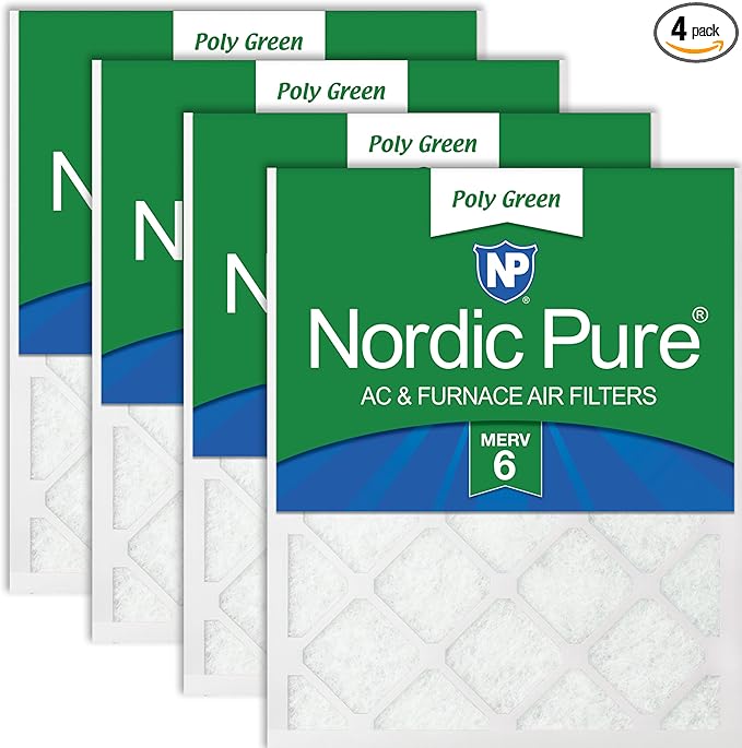 Nordic Pure 20x30x1 (Actual Size: 19 5/8 x 29 5/8 x 3/4) Poly Green MERV 6 AC Furnace Air Filters – Reduces Dust, Pollen, Pet Dander & Allergens – 4-Pack