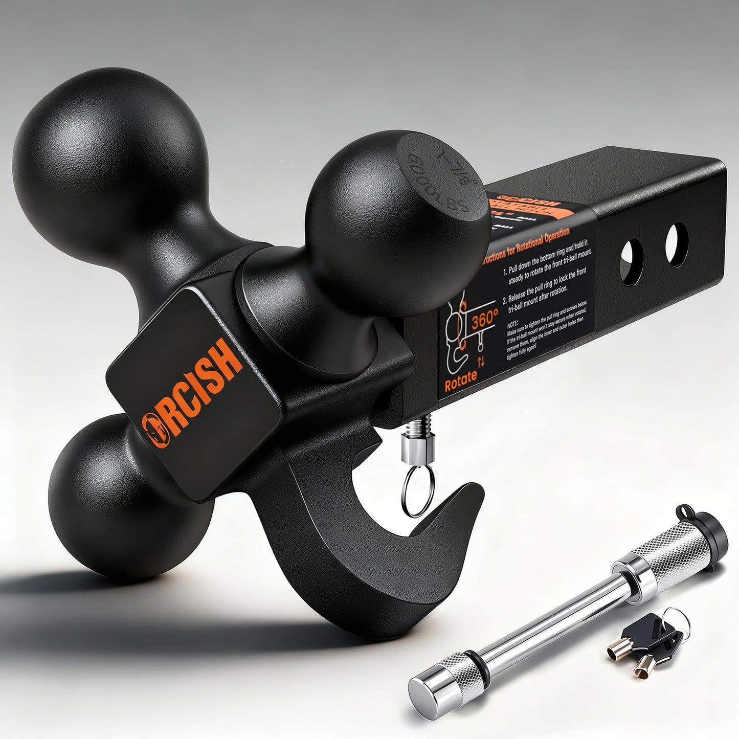 ORCISH 360 Swivel Trailer Hitch, Tri-Ball Mount with Heavy Duty Hook & Anti-Theft Lock, Matte Black Plated Trailer Ball Size 1-7