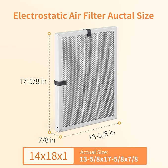 2-Pack 14x18x1 MERV 8 Reusable & Washable Electrostatic Air Filters - Long-Lasting Filter for HVAC, Furnace & Air Conditioner Units, Actual Size: 13-5/8” x 17-5/8” x 7/8”
