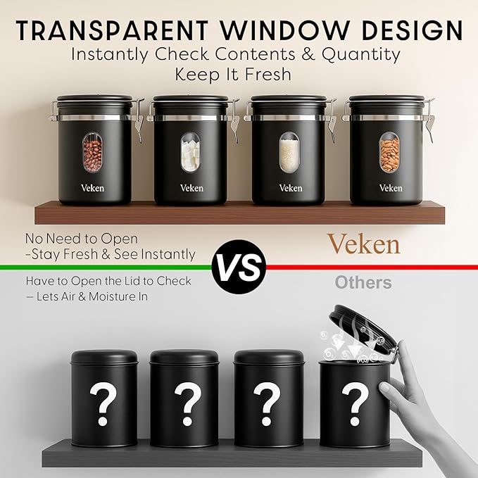 Veken Large Coffee Canister with Window, Kitchen Food Storage Airtight Stainless Steel Container for 2.2lbs Coffee Beans, Grounds, Rice,Tea, Flour, Cereal, Sugar Jars,Date Tracker and Scoop 39oz,Black