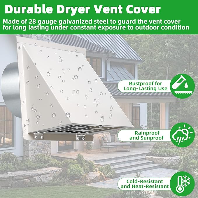 6 Inch Hooded Wall Vent with Mesh&Damper,6''Exhaust Vent Cover,6in Dryer Vent Cover Outside Metal Wall Exhaust Vent Cap Hood for Outdoor Kitchen Range Hood/Bathroom Exhaust Duct-Galvanized Steel,White