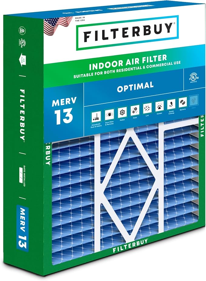 Filterbuy 20x20x5 Air Filter MERV 13 Optimal Smoke & Allergy Defense (1-Pack), Pleated HVAC AC Furnace Filters for Amana, Coleman, Goodman, Maytag, York, and More (Actual Size: 20.25 x 20.75 x 5.25)