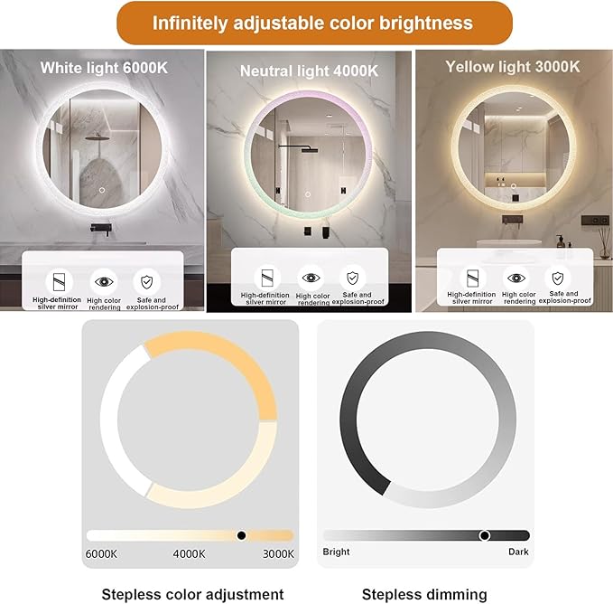 Round LED Bathroom Mirror, Wall Mounted Mirror with Demister Pad 3 Dimmable Color, Backlit Makeup Mirror, for Bathroom, Vanity, Bedroom(80cm/31.5in)