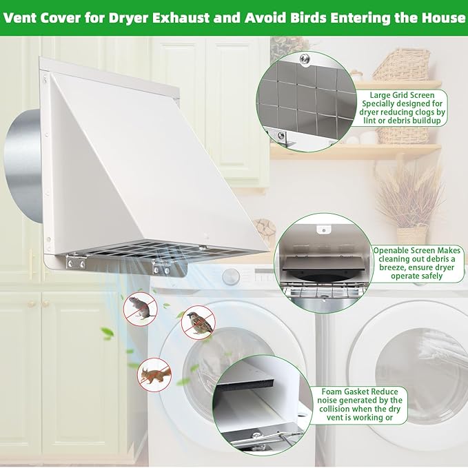 3 Inch Dryer Vent Cover Outside,Metal Exterior Vent Cover with Screen and Cushioned Flap,Outdoor Dryer Vent Hood Outlet Exhaust Vent Cover Air Wall Vent Cover for House Laundry Range Hood AC-White