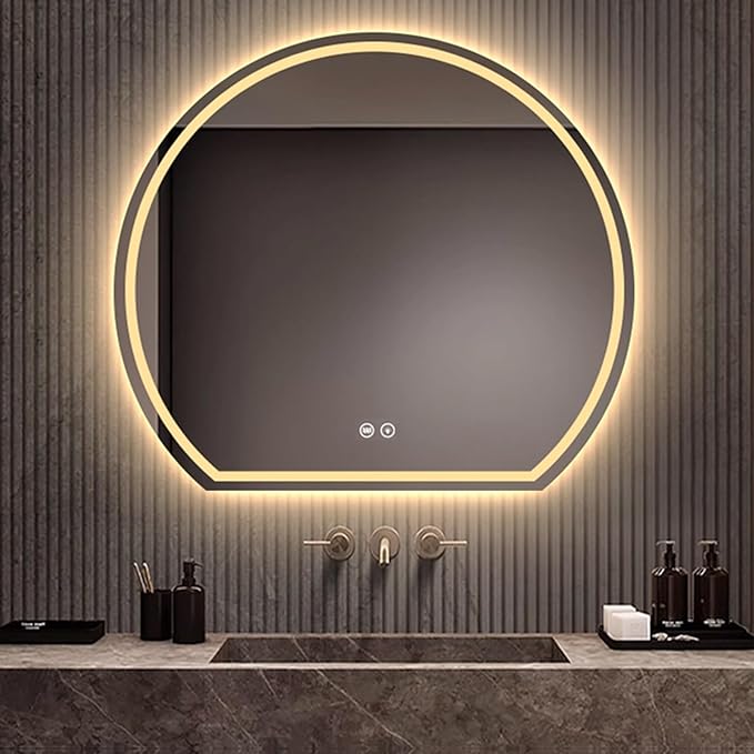 Bathroom Mirror with 3 Colour LED Lights, Wall Mounted Bathroom Vanity Mirror, Demister Heat Pad/Dimming Function/Touch Switch Smart Mirror(A,23.6"x21.2"/60x54cm)