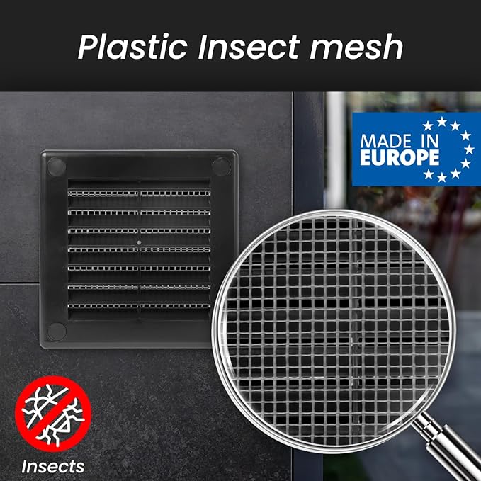 Repa Market 8 x 8 Inch (Outer) Black Square Air Vent Cover - Pack of 2 Plastic Fresh Air Intake Vent - AC Cover with Nylon Mesh Screen, Wall, Ceiling HVAC Return Air Register, Modern Soffit Vents