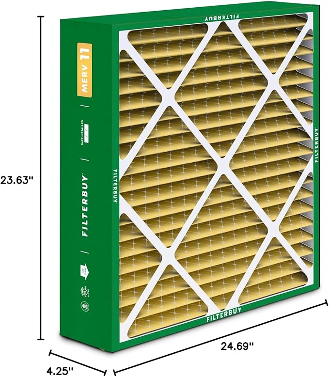 Filterbuy 24x25x5 Air Filter MERV 11 Superior Pet & Allergy Defense (4-Pack), Electrostatic Pleated HVAC AC Furnace Filters for Carrier FILXXCAR0024, Maytag & More (Actual Size: 23.63 x 24.69 x 4.25)