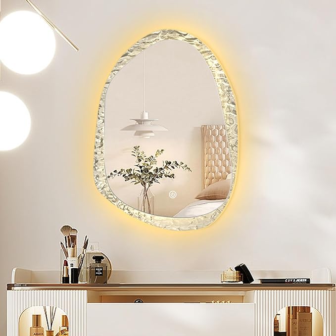 Irregular Bathroom Mirror with LED Light, Lighted Bathroom Makeup Wall Mounted Mirror with Demister Pad, 3 Colors Dimmable Lighting, Sensor Touch Switch(A,70x90cm)