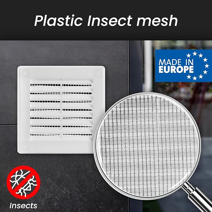 Repa Market 4 x 4 Inch (Outer) White Square Air Vent Cover - Pack of 2 Plastic Fresh Air Intake Vent - AC Cover with Nylon Mesh Screen, Wall, Ceiling HVAC Return Air Register, Modern Soffit Vents