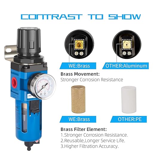 NANPU 1/2" NPT Compressed Air Filter Regulator Combo Piggyback, 5 Micron Brass Element, Poly Bowl, Manual Drain, Metal Bracket, 0-150 psi Gauge - AW4000-04M