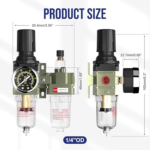AC2010-02 Pneumatic Air Compressor Water Separator Regulator Filter Compressed for Accessories Parts Pressure with Gauge 1/4 Manual Filter+US