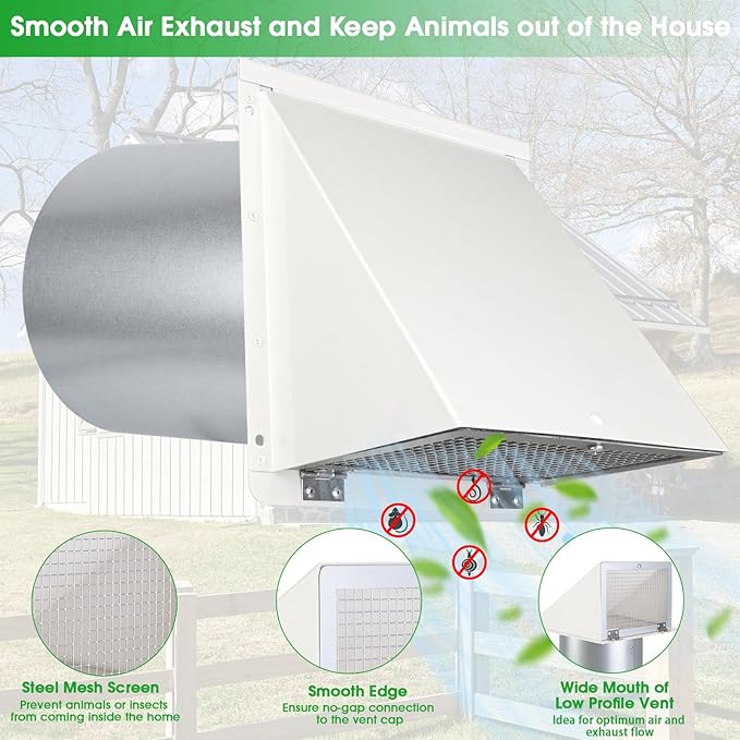 10 Inch Hooded Wall Vent with Screen and Damper,Galvanized Steel Exterior Wall Exhaust Vent Cover Cap for Kitchen Range Hood Duct Ventilation Outside Air Exhaust Applications,White