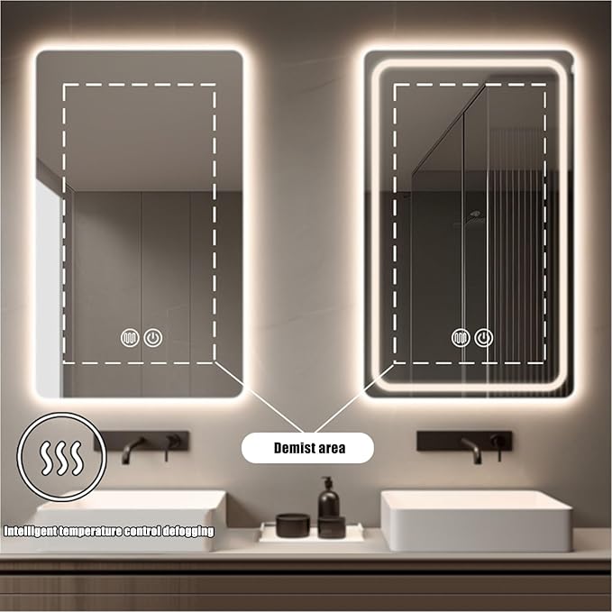Illuminated 3 Colour LED Bathroom Mirror, Bathroom Light Mirror with Demister Pad, Dimming Function, Touch Switch, Wall Mounted Vanity Mirror, Decorative Mirror(A1,27.5"x35.4"/70x90cm)