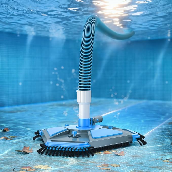 UIRWAY Upgrade Pool Vacuum Head with Side Brush & 360° Swivel Cuff, 1-1/2" x 30 Ft Heavy Duty Manual Kink-Resistant Vacuum Hoses, Weighted Triangular Shape for Inground & Above Ground Pool(No Pole)