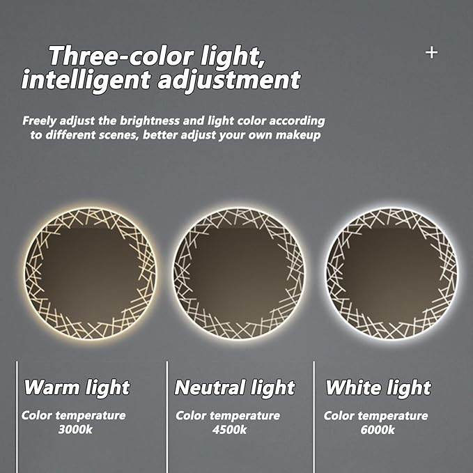 Bathroom Mirror with LED Lights, Wall Mirror with Touch Sensor, Round Mirror with Demister Pad, 3 Light Modes, for Living Room and Bathroom(A,60cm/23.6in)