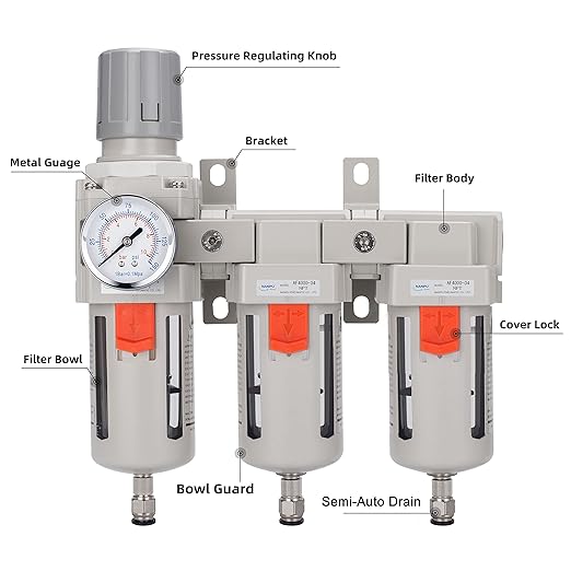 NANPU Three Stage Air Drying System - 5 Micron Particulate Filter, 0.5＆0.01 Micron Coalescing Filters, Air Pressure Regulator Combo - 0-150 psi Gauge, Semi-Auto Drain, Metal Bracket（3/8" NPT）