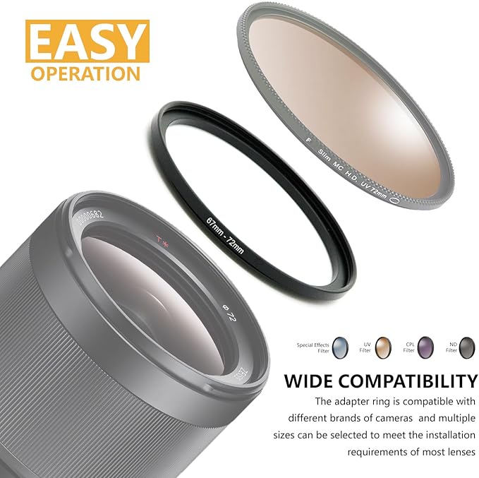 62mm to 67mm Step-up Adapter Rings Filter Adapter Black Metal Step Down Filter Ring Adapter Compatible with All Brand UV CPL ND Camera Lens Filter Stepping Rings (62mm-67mm)