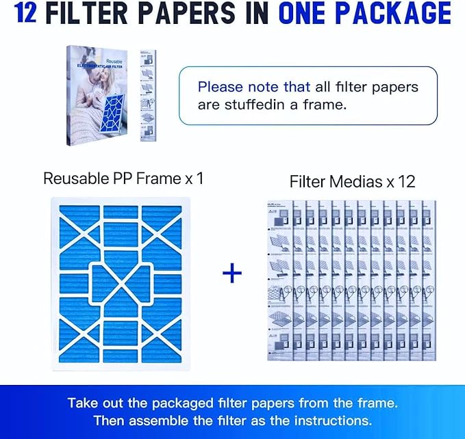 LEKEN 20x25x1 AC Furnace HVAC Filter Reusable Electrostatic Filters MERV 13 For Households With Pets,Contain 1 Reusable ABS frame+12 Air filter Medias,(Precise Size 19.68" x 24.68" x 0.75")