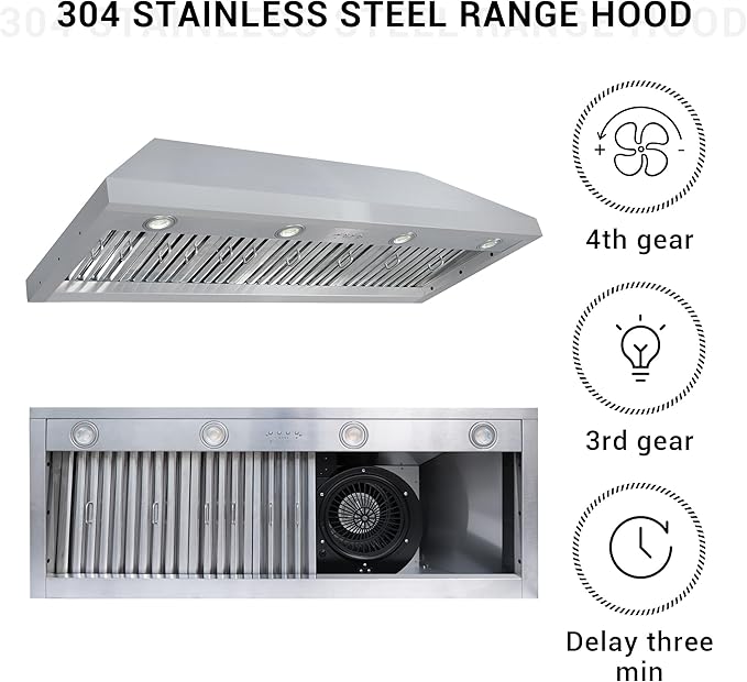 CHETTO C Stainless Steel Range Hood Cover with 4-Speed Vent Hood Insert Custom Handmade Metal Kitchen Fan with Towel Rack LED Light 48"W x21"D x42"H Black Wall Mount