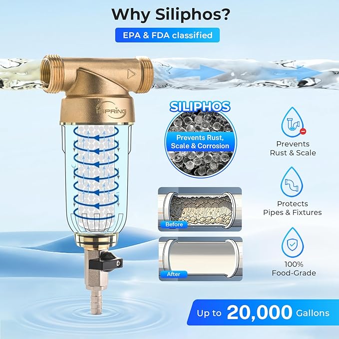 iSpring WSP-500SL Reusable Whole House Spin Down Sediment Water Filter, Siliphos Helps Prevent Scale and Corrosion, 1" MNPT + 3/4" FNPT, 500 Micron