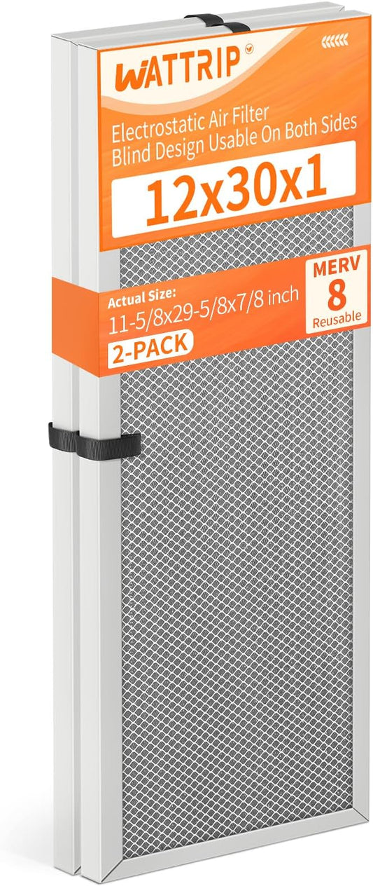 2-Pack 12x30x1 MERV 8 Reusable & Washable Electrostatic Air Filters - Long-Lasting Filter for HVAC, Furnace & Air Conditioner Units, Actual Size: 11-5/8” x 29-5/8” x 7/8”