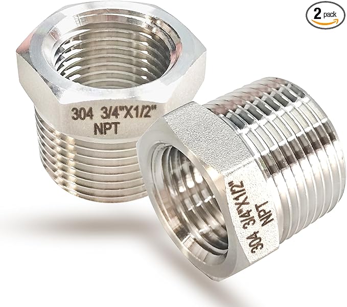 3/4" NPT Male to 1/2" NPT Female Hex Bushing Reducer, 304 Stainless Steel Reducing Adapter Pipe Fitting, Heavy Duty Pipe Hex Bushing for Reducing Pipe (3/4” MNPT x 1/2” FNPT)