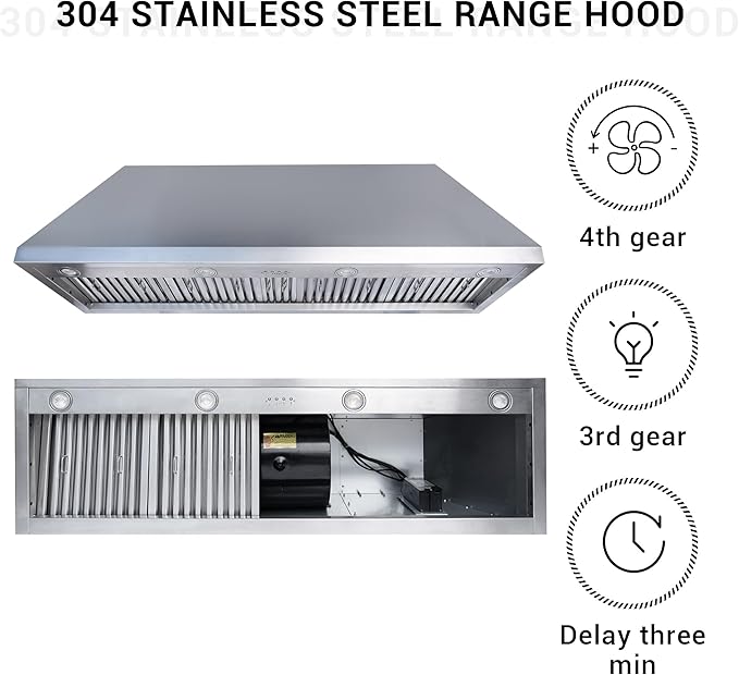 CHETTO C Stainless Steel Range Hood Cover with Quiet Vent Hood Insert Custom Handcrafted Metal Kitchen Fan with Towel Rack LED Light 60"W x27"D x51"H Brushed Stainless Steel Island Mount