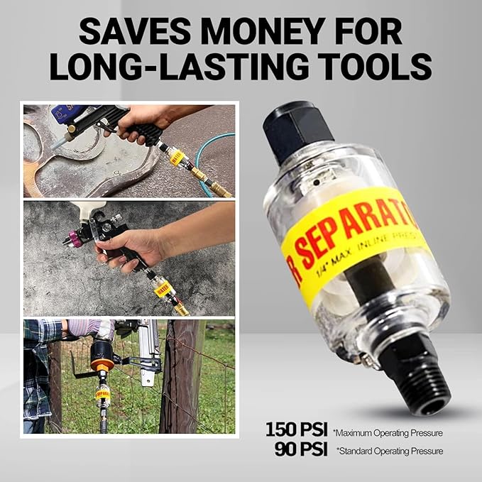 LE LEMATEC Air Dryer for Compressor - Inline Water Separator & Air Tool Oil, 1/4" NPT Moisture Separator for HVLP Spray Guns, Plasma Cutters, Pneumatic Tools, 2-150 PSI