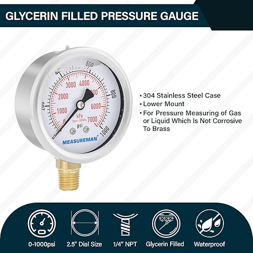 MEASUREMAN 2-1/2inch Dial Size, Liquid Filled Pressure Gauge, 0-1000psi/7000kpa, 304 Stainless Steel Case, 1/4inchNPT Lower Mount