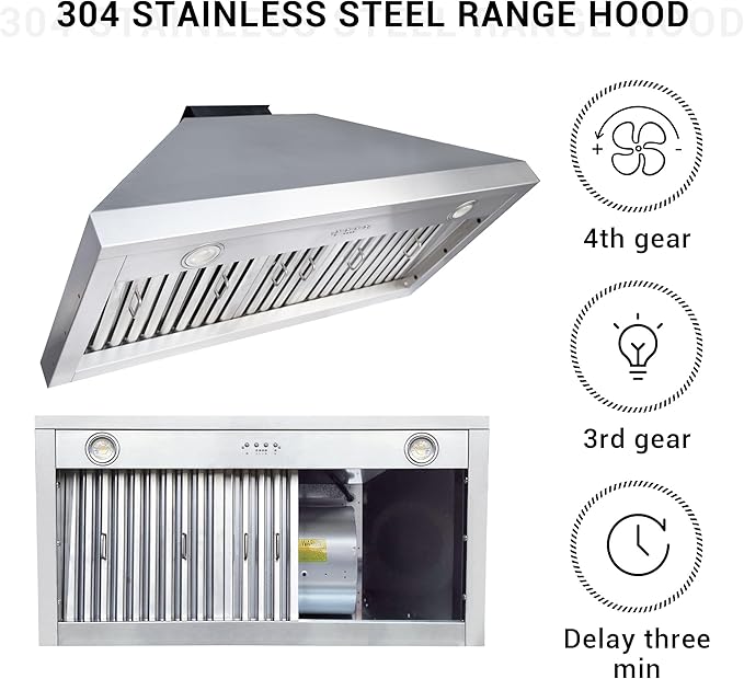 CHETTO C Stainless Steel Range Hood Cover with 4-Speed Vent Hood Insert Custom Handmade Metal Kitchen Fan with Towel Rack LED Light 36"W x27"D x39"H Black Island Mount