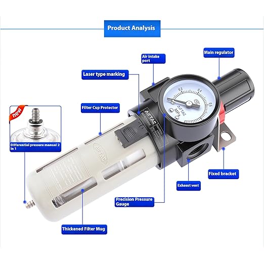 Compressed Air Pressure Filter Regulator Airtac BFR3000-C 3/8'' NPT 0-140 PSI Combo Piggybac Adjustable,Bracket,Gauge Semi-Auto Drain