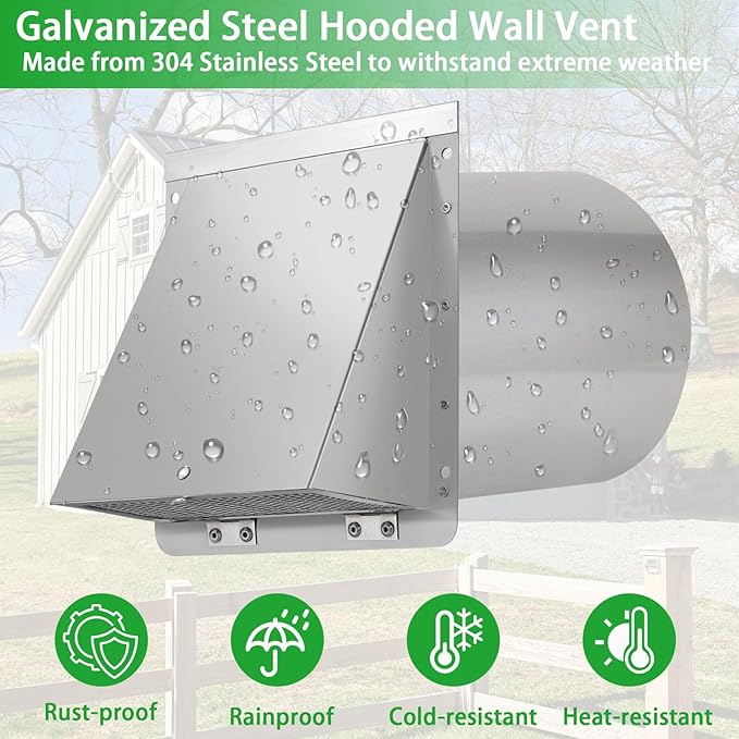 6 Inch Hooded Wall Vent with Screen and Damper,6 Inch Exhaust Vent Cover Cap for Outdoor Kitchen Range Hood Dryer Ventilation,Outside Wall Mount Extractor for House Air Exhaust, Stainless Steel