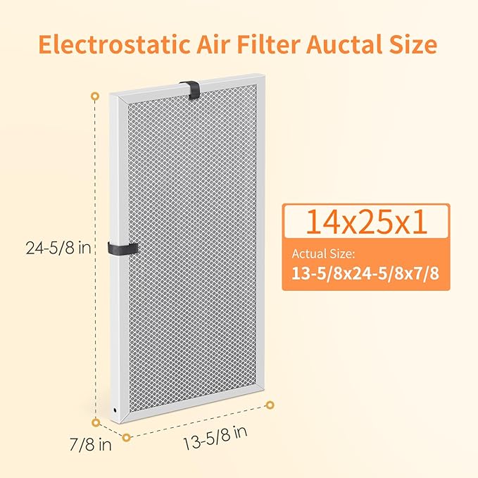 2-Pack 14x25x1 MERV 8 Reusable & Washable Electrostatic Air Filters - Long-Lasting Filter for HVAC, Furnace & Air Conditioner Units, Actual Size: 13-5/8” x 24-5/8” x 7/8”