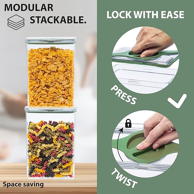 4-Pack Airtight Pantry Containers, 1.9 QT / 1.8 L Clear Food Storage Jars with Leakproof Twist-Lock Lids, Detachable Lid for Easy Cleaning, Cereal, Pasta, Rice, Oats, Snack Storage -Black